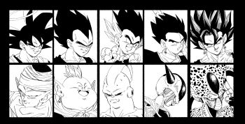 1st_form_frieza 6+boys antennae armor biceps black_border black_sclera border cell_(dragon_ball) close-up closed_eyes closed_mouth colored_sclera commentary dai_kaioushin dragon_ball dragon_ball_z:_hyper_dimension dragonball_z earrings english_commentary evil_smile facing_viewer fenyon finger_to_face fingernails frieza gloves gotenks greyscale grin halo hand_up head_down high_collar highres horns imperfect_cell jewelry long_fingernails looking_afar looking_at_viewer majin_buu male_focus metamoran_vest mohawk monochrome multicolored_hair multiple_boys neckerchief over_shoulder piccolo pointy_ears potara_earrings profile saiyan_armor salute simple_background slit_pupils smile son_gohan son_goku spiked_hair streaked_hair super_buu sword sword_over_shoulder tail turban two-finger_salute vegeta vegetto weapon weapon_over_shoulder white_background