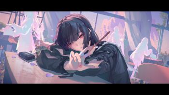 Rule 34 | 1girl, absurdres, ancle (aruncle), black hair, black jacket, chisa (wuthering waves), commentary request, fingernails, food, from side, ghost, hair ribbon, highres, holding, holding food, holding pocky, indoors, jacket, long hair, looking at viewer, looking to the side, mole, mole under eye, nail polish, parted lips, pocky, red eyes, red nails, red ribbon, ribbon, solo, wuthering waves