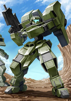 amasaki_yusuke blue_sky cloud gun highres holding holding_gun holding_weapon mecha original outdoors robot shadow sky weapon