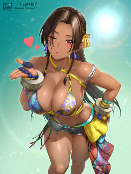 1girl armband barefoot bikini black_hair black_shorts blowing_kiss bra breasts cleavage clothes_around_waist dark-skinned_female dark_skin earrings fingerless_gloves floral_print floral_print_bikini gloves green_armband heart highres jewelry large_breasts long_hair looking_at_viewer miary_zo multicolored_bra nail_polish one_eye_closed padded_gloves print_bikini red_eyes short_shorts shorts smile solo swimsuit tekken tekken_8 tomo_eokaiteru underwear yellow_nails