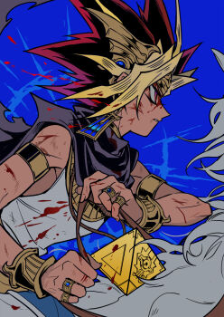 1boy ancient_egyptian_clothes atem bare_shoulders black_hair blonde_hair blood blood_on_face blue_background dark-skinned_male dark_skin from_side highres horse medium_hair millennium_puzzle multicolored_hair profile purple_eyes purple_hair riding saka_nagiya shirt simple_background solo_focus spiked_hair upper_body white_shirt yu-gi-oh! yu-gi-oh!_duel_monsters