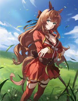 Rule 34 | 1girl, animal ears, blue bow, blue eyes, blue sky, blush, bow, breasts, brown hair, brown sailor collar, cleavage, closed mouth, cloud, commentary request, cropped jacket, crossed arms, ear bow, green eyes, hair between eyes, highres, horse ears, horse girl, horse tail, jacket, kuza brs, large breasts, long hair, long sleeves, looking at viewer, maruzensky (formula r) (umamusume), maruzensky (umamusume), outdoors, pendant choker, red jacket, red serafuku, red shirt, red skirt, red thighhighs, sailor collar, school uniform, serafuku, shirt, skirt, sky, smile, solo, tail, thigh strap, thighhighs, umamusume