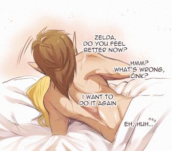 1boy 1girl aftersex bed_sheet blonde_hair character_name couple english_text hetero link looking_at_another medium_hair nintendo on_bed pillow pointy_ears princess_zelda scar scar_on_back scar_on_shoulder the_legend_of_zelda the_legend_of_zelda:_tears_of_the_kingdom topless_male under_covers wildstar69