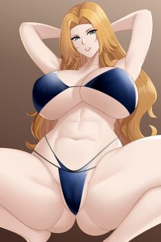 1girl arms_behind_head aslindsamure ass bikini bleach blonde_hair blue_eyes breasts collarbone curvy female_focus huge_ass large_breasts looking_at_viewer matsumoto_rangiku mole mole_under_mouth navel parted_lips shiny_skin simple_background spread_legs squatting stomach swimsuit thighs thong thong_bikini wide_hips