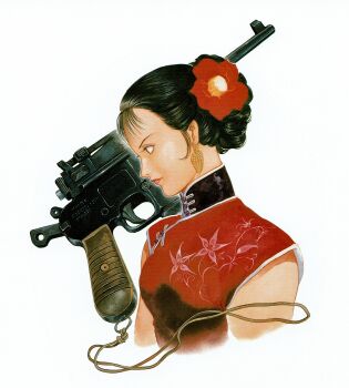 absurdres black_hair copyright_request earrings flower gun hair_flower hair_ornament hair_tied_together handgun highres jewelry manchukuo mauser_c96 non-web_source rainbow_trotsky traditional_dress weapon yasuhiko_yoshikazu