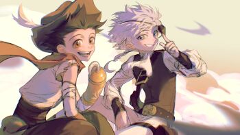 2boys adjusting_eyewear alternate_costume arm_up bandaged_arm bandages belt belt_buckle black_belt black_pants blue_eyes brown_eyes brown_hat buckle commentary eyepatch gelb gon_freecss grin hat highres hook hook_hand hunter_x_hunter killua_zoldyck long_sleeves looking_to_the_side male_focus multiple_boys open_mouth pants pirate_costume plume pouch red_scarf scarf shirt sideways_glance sitting smile teeth tongue torn_clothes torn_sleeves white_hair white_pants white_shirt