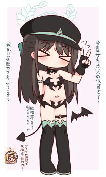>_< 2girls absurdres airi_(blue_archive) arm_behind_back black_bra black_gloves black_hat black_panties blue_archive blush border bra breasts brown_hair chibi chibi_inset closed_eyes closed_mouth commentary_request demon_girl demon_tail fingerless_gloves flying_sweatdrops full_body gloves hana_kazari hand_up hat highres long_hair multiple_girls navel outside_border panties pink_background simple_background small_breasts standing sweatdrop tail translation_request underwear underwear_only v white_border yoshimi_(blue_archive) yoshimi_(halloween)_(blue_archive)