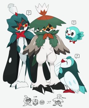 ? alternate_color beak bird dartrix decidueye evolutionary_line gen_7_pokemon hidane_(natsume_hdn) highres hisuian_decidueye looking_at_another nintendo no_humans owl pokemon pokemon_(creature) red_pupils rowlet shiny_pokemon speech_bubble spoken_question_mark standing talons yellow_eyes