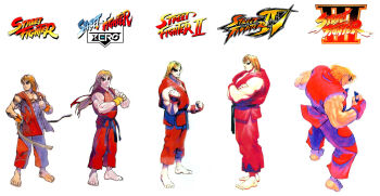 1990s_(style) bengus blonde_hair capcom comparison crmk dougi evolution eyebrows fighter bad_tag highres karate karate_gi ken_masters lace long_hair male_focus martial_arts muscular official_art retro_artstyle street_fighter street_fighter_1 street_fighter_ii_(series) street_fighter_iii_(series) street_fighter_iv_(series) street_fighter_zero_(series)