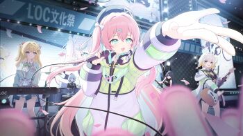 Rule 34 | 5girls, absurdres, aqua hair, black hair, black shirt, blonde hair, bow, bowtie, braid, cleavage cutout, clothes around waist, clothing cutout, commentary request, concert, confetti, drum, drum set, evi leenhardt, flute melville, glowstick, green bow, green bowtie, green jacket, grey hair, guitar, hair between eyes, hair ornament, hat, headphones, headphones around neck, highres, holding, holding guitar, holding instrument, holding microphone, instrument, jacket, jacket around waist, keyboard (instrument), layla jenkins, long hair, low twin braids, microphone, multicolored hair, multicolored jacket, multiple girls, music, muv-luv, muv-luv girls garden, open clothes, open jacket, open mouth, outstretched arm, penlight (glowstick), pink hair, playing instrument, rosie hughes, screen zoom, shirt, short braid, sienna clark, suke (suke oekaki), sweater vest, twin braids, two side up, white jacket, white shirt