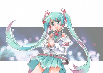 1girl :d alternate_costume aqua_hair blurry blush bokeh brooch commentary_request cowboy_shot depth_of_field floating_clothes green_eyes hair_ornament hatsune_miku headset highres jacket jewelry leaning_back long_hair mizunagi_koubou multicolored_hair off-shoulder_jacket off_shoulder open_mouth outline own_hands_together palms_together pink_hair pleated_skirt shirt skirt sleeveless sleeveless_shirt smile solo twintails very_long_hair vocaloid white_jacket white_outline