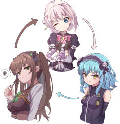Rule 34 | 3girls, absurdres, alternate hairstyle, animal ears, arrow (symbol), black gloves, blue eyes, blue hair, blush, breasts, brown hair, cat ears, commentary, cropped torso, doll joints, double bun, double v, dress, duvalie, eiyuu densetsu, english commentary, eyelashes, fake animal ears, frilled dress, frilled hairband, frills, gloves, green eyes, hair bun, hairband, hairstyle switch, hajimari no kiseki, headpiece, highres, joints, lapis rosenberg, lolita hairband, long hair, multiple girls, naisu (nai su01), one eye closed, pink hair, pout, purple hairband, simple background, small breasts, spoken squiggle, squiggle, star (symbol), sweat, tio plato, twintails, v, wavy mouth, white background, yellow eyes