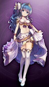 1girl armlet blue_eyes blue_hair breasts full_body glass_slipper gold_tiara hair_between_eyes hair_ornament head_tilt huge_breasts jewelry long_hair navel purple_background side_ponytail skirt smile socks solo swimsuit thighhighs tiara white_thighhighs