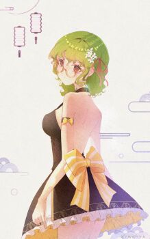 1girl absurdres arm_bow arm_ribbon arms_at_sides artist_name back_bow backless_dress backless_outfit bare_shoulders bespectacled black_dress bow breasts chinese_commentary closed_mouth commentary cowboy_shot dress eyewear_strap flower frilled_dress frills from_behind frown glasses green_hair hair_flower hair_ornament hair_ribbon halter_dress halterneck highres kazami_yuuka lantern medium_breasts medium_hair nywerya paper_lantern red_eyes red_ribbon ribbon round_eyewear short_dress shoulder_blades sleeveless sleeveless_dress solo standing striped_bow touhou wavy_hair white_background white_flower yellow_bow