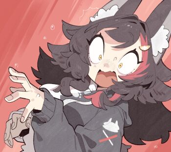 Rule 34 | !, 1girl, animal ear fluff, animal ears, black hair, black hoodie, cocomayo29 (tomato), commentary, hair ornament, highres, hololive, hood, hoodie, long hair, multicolored hair, multicolored hoodie, official alternate costume, ookami mio, ookami mio (hoodie), open mouth, red hair, screaming, simple background, solo, virtual youtuber, wavy mouth, white hoodie, wolf, wolf ears, yellow eyes
