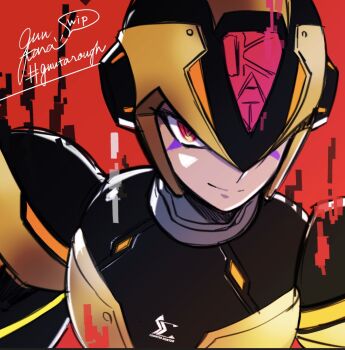 1boy android armor black_armor black_helmet commentary corruption facial_mark forehead_jewel glowing gold_helmet guutara hashtag helmet highres looking_at_viewer male_focus mega_man_(series) mega_man_x_(series) mega_man_x_dive neon_lights neon_trim red_background red_eyes robot robot_ears shoulder_armor signature simple_background smile solo solo_focus unfinished upper_body x-kai_(mega_man)