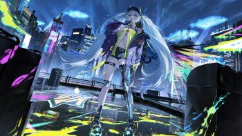 Rule 34 | baseball cap, cityscape, commentary request, finger to mouth, graffiti, hat, highres, jacket, looking at viewer, luna (pgr), mechanical legs, night, official art, open clothes, open jacket, punishing: gray raven, single mechanical leg, standing, tmt, twintails, white hair