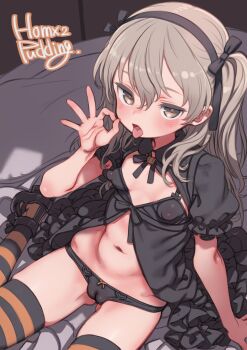 1girl black_panties breasts brown_eyes fellatio_gesture girls_und_panzer highres long_hair looking_at_viewer navel panties puddinghomhom shimada_arisu sitting small_breasts solo striped_clothes striped_thighhighs thighhighs tongue tongue_out underwear