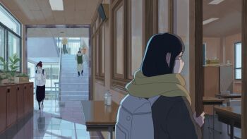 Rule 34 | 2boys, 2girls, backpack, bag, classroom, cupboard, hallway, hand sanitizer, highres, indoors, multiple boys, multiple girls, original, plant, potted plant, railing, school, stairs, tea sotear