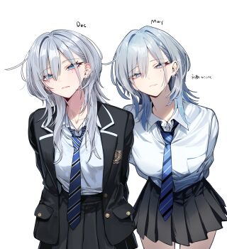 1girl absurdres arms_behind_back black_jacket black_skirt blue_eyes blue_necktie closed_mouth commentary_request cowboy_shot diagonal-striped_clothes diagonal-striped_necktie ear_piercing fang grey_hair haimiya_mio_(kamiyama_sumu) hair_between_eyes half-closed_eyes highres jacket kamiyama_sumu leaning_forward long_hair looking_at_viewer miniskirt mole mole_under_eye multiple_views necktie open_clothes open_jacket original piercing pleated_skirt school_uniform shirt signature simple_background skin_fang skirt striped_clothes translation_request white_background white_shirt