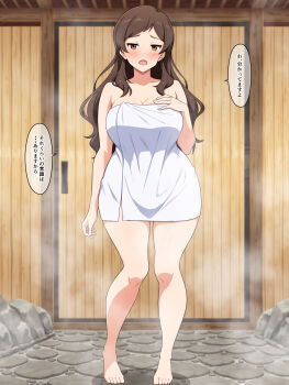 1girl :o absurdres architecture arm_at_side blush breasts brown_eyes brown_hair cleavage collarbone commentary_request dot_nose east_asian_architecture eyelashes full_body furrowed_brow hand_on_own_chest highres idolmaster idolmaster_million_live! idolmaster_million_live!_theater_days kitazawa_shiho knees_together_feet_apart large_breasts long_hair mei_ichi naked_towel onsen open_mouth parted_bangs shadow shy sidelocks solo speech_bubble standing steam stone_floor sweat toes towel translation_request wavy_hair wooden_door