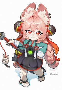 1girl animal_ear_fluff animal_ear_piercing animal_ears animal_feet braid braided_twintails bright_pupils claymore_(sword) furry furry_female green_shirt hashtag-only_commentary highres holding holding_weapon long_hair looking_at_viewer medallion pecokun_999 pink_fur pink_hair rabbit_ears rabbit_girl red_eyes screw shirt short_eyebrows smile solo thick_eyebrows twin_braids weapon white_background white_pupils zenless_zone_zero zhao_(zenless_zone_zero)