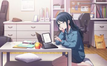 1girl bag barefoot black_hair black_shorts blue_hoodie bulletin_board calendar_(object) chair colorful_palette computer cup cushion earbuds earphones game_cg grey_eyes guitar_case hood hoodie hoshino_ichika_(project_sekai) instrument_case laptop looking_at_viewer mug no_seek_no_find_(project_sekai) official_art pen_holder phenny_(project_sekai) plastic_bag project_sekai shorts solo swivel_chair third-party_source