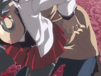 00s 1boy 1girl 2006 animated animated_gif anime_screenshot bible_black bible_black_new_testament black_hair braid braided_ponytail braided_sidelock breasts brown_hair fingering grey_hair kiriya_saki medium_breasts nipples open_clothes open_mouth purple_eyes school_uniform shin_bible_black shirt skirt tagme thighhighs yamanishi_naoto