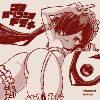 1girl arm_up armband armpits ass backbeako_(torotei) backbeard blush breasts commentary cowboy_shot dated dated_commentary frilled_armband frilled_thigh_strap frills from_behind garter_straps gegege_no_kitarou hair_over_one_eye hair_ribbon kono_lolicon_domome loli long_hair looking_at_viewer looking_back maid_headdress monochrome one_eye_closed original paid_reward_available panties pointy_ears red_theme ribbon short_hair simple_background small_breasts smile solo thigh_strap thighhighs torotei translated twintails underwear v watermark web_address white_background