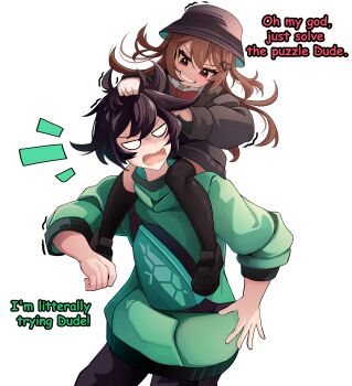 1boy 1girl absurdres annoyed asymmetrical_legwear black_cardigan black_hair black_hat black_pants black_shoes black_socks black_thighhighs blank_eyes bow bowtie broken_heart broken_heart_hair_ornament brown_hair bucket_hat cardigan carrying collared_shirt commentary dress_shirt english_commentary english_text evil_neuro-sama fanny_pack grabbing_another&#039;s_hair green_sweater grin hat heart highres holding_another&#039;s_hair long_hair long_sleeves neuro-sama open_mouth pants personification pigagooo red_bow red_bowtie red_eyes shirt shoes short_hair shoulder_carry simple_background single_sock single_thighhigh smile socks sweater thighhighs turtleneck turtleneck_sweater uneven_legwear upper_body vedal987 vedal_ai white_background white_shirt