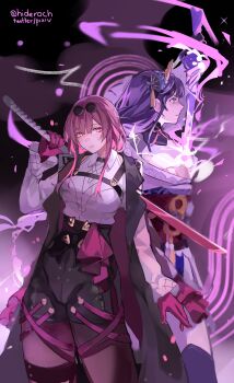 2girls absurdres artist_name behind_another black_jacket blunt_bangs chest_belt closed_mouth collared_shirt commentary drawing_sword electricity english_commentary eyewear_on_head fan_hair_ornament friends from_side genshin_impact gloves glowing glowing_eyes hair_up highres holding holding_sword holding_weapon honkai:_star_rail honkai_(series) human_scabbard jacket japanese_clothes kafka_(honkai:_star_rail) katana kimono long_hair long_sleeves looking_at_viewer mihoyo multiple_girls musou_isshin_(genshin_impact) neck_ribbon no_mole open_clothes open_jacket purple_background purple_eyes purple_hair purple_kimono raiden_shogun red_ribbon red_sash ribbon sash shade shirt st_ard standing sunglasses sword sword_between_breasts thighhighs weapon white_shirt wide_sleeves