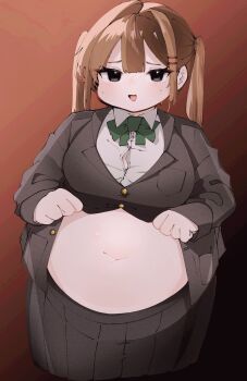 Rule 34 | 1girl, :d, black eyes, black skirt, borrowed character, bow, bowtie, breasts, brown background, brown hair, buttons, center-flap bangs, chile paper, collared shirt, commentary request, double-parted bangs, fat, fat woman, film grain, from above, gold buttons, green bow, green bowtie, grey jacket, hair between eyes, hair intakes, hair ornament, highres, jacket, large breasts, light blush, long hair, long sleeves, looking at viewer, medium skirt, muffin top, navel, open mouth, original, partially unbuttoned, pleated skirt, raised inner eyebrows, shirt, simple background, skirt, smile, solo, stomach, sweat, tongue, tsurime, twintails, unbuttoned jacket, unbuttoning, weight gain, white shirt