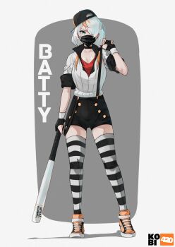 1girl adjusting_clothes artist_logo artist_name backwards_hat baseball_bat baseball_cap black_choker black_gloves black_hat black_mask black_overalls black_suspenders blonde_streaks breasts character_name choker collarbone collared_shirt earrings english_text freckles full_body gloves green_eyes grey_background hair_over_one_eye hand_up hat highres holding holding_baseball_bat jewelry kobi420 logo long_hair looking_at_viewer mask mouth_mask multicolored_thighhighs original overalls partially_fingerless_gloves red_shirt shadow shirt shirt_under_shirt shoes sleeves_rolled_up sneakers solo standing striped_clothes striped_thighhighs stud_earrings thighhighs thighs two-tone_thighhighs white_background white_hair white_shirt yellow_shoes