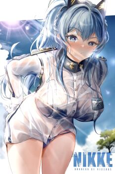 Rule 34 | 1girl, :/, absurdres, bikini, bikini under clothes, blue bikini, blue eyes, blue hair, blue sky, blush, breasts, copyright name, gloves, goddess of victory: nikke, hair ornament, hands on own hips, helm (aqua marine) (nikke), helm (nikke), high ponytail, highres, large breasts, leaning forward, looking at viewer, military uniform, pinjirooo, ponytail, see-through clothes, see-through shirt, shirt, sidelocks, sky, solo, sunlight, swimsuit, thighs, wet, wet clothes, wet shirt, white gloves, white shirt