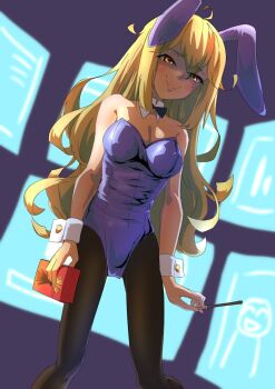 1girl animal_ears bare_shoulders black_pantyhose blonde_hair blush breasts cleavage detached_collar fake_animal_ears food holding holding_food holding_pocky indoors koujiro_frau kusomusi777 leotard long_hair medium_breasts narrowed_eyes pantyhose playboy_bunny pocky purple_leotard rabbit_ears robotics;notes science_adventure smug solo strapless thighs wrist_cuffs