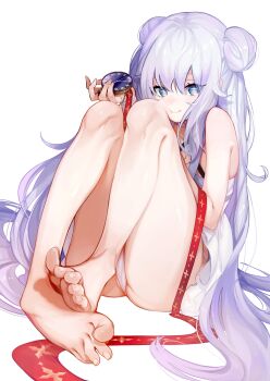 1girl absurdres analog_clock azur_lane bare_shoulders barefoot blue_eyes clock closed_mouth commentary_request double_bun dress feet female_focus hair_between_eyes hair_bun hair_spread_out highres le_malin_(azur_lane) le_malin_(sleepy_sunday)_(azur_lane) long_hair looking_at_viewer nishikikope panties silver_hair simple_background sitting solo toenails toes underwear very_long_hair white_background white_dress white_panties