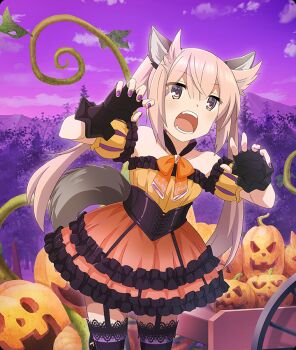 Rule 34 | 1girl, animal ears, bare shoulders, black corset, black garter straps, black gloves, bow, bowtie, breasts, brown eyes, claw pose, cloud, corset, cowboy shot, dot nose, double-parted bangs, dress, fake animal ears, fingerless gloves, game cg, garter straps, gloves, hair horns, halloween, halloween costume, ivy, jack-o'-lantern, lace, lace-trimmed thighhighs, lace trim, layered skirt, long hair, mashiko kaoru, mountain, official art, open mouth, orange bow, orange bowtie, orange dress, orange skirt, pink hair, purple nails, purple sky, purple thighhighs, skirt, sky, sleeveless, sleeveless dress, small breasts, solo, tail, teeth, thighhighs, third-party source, toji no miko, toji no miko: kizamishi issen no tomoshibi, tree, twintails, underbust, wagon, wolf ears, wolf tail, zettai ryouiki