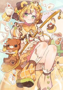 1girl :3 animal_ears bear bear_ears bear_girl blonde_hair bloomers blush bow bowtie brown_hair cherry closed_mouth commentary dress food foot_out_of_frame fruit green_eyes green_shoes holding holding_spoon looking_at_viewer loose_socks multicolored_hair orange_(fruit) orange_slice original oversized_object parted_bangs plate pudding shoes short_hair short_sleeves sitting smile socks solo spoon streaked_hair symbol-only_commentary tsukumi_bis two-tone_hair underwear white_bloomers yellow_bow yellow_bowtie yellow_dress yellow_socks
