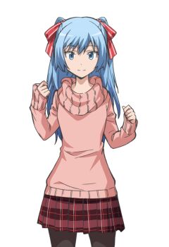 1girl anime_coloring ansatsu_kyoushitsu aqua_eyes aqua_hair closed_mouth cowboy_shot hair_ribbon higami_aya highres hotaru_(ansatsu_kyoushitsu) official_art pink_sweater plaid_clothes plaid_skirt ribbon simple_background skirt smile solo sweater tachi-e transparent_background twintails