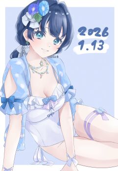 Rule 34 | 1girl, birthday, blue eyes, blue hair, breasts, casual one-piece swimsuit, cleavage, commentary request, dated, hair ornament, hair ribbon, hanamaruyama628, highres, jewelry, link! like! love live!, long hair, long sleeves, looking at viewer, love live!, low twintails, medium breasts, murano sayaka, necklace, one-piece swimsuit, ribbon, sitting, smile, solo, swimsuit, twintails, white one-piece swimsuit