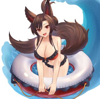1girl absurdres alternate_hairstyle animal_ear_fluff animal_ears breasts brown_hair cleavage commentary_request fang fingernails highres imaizumi_kagerou looking_at_viewer mikotouca open_mouth pool red_nails skin_fang smile solo swimsuit tail touhou white_background wolf_ears wolf_girl wolf_tail