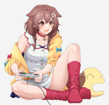 1girl :d animal_ears armpit_crease blue_bow blush bow braid breasts brown_eyes brown_hair cleavage collar collarbone controller convenient_leg dog_ears dog_girl dress fang floppy_ears full_body game_controller grey_background hair_between_eyes hair_ornament hair_over_shoulder highres holding holding_controller holding_game_controller hololive inugami_korone inugami_korone_(1st_costume) jacket knee_up legs listener_(inugami_korone) medium_breasts nakiusagi open_clothes open_jacket open_mouth red_bow red_socks ribbed_socks short_dress simple_background single_off_shoulder sitting skin_fang sleeveless sleeveless_dress smile socks super_famicom_gamepad thighs toe_seam twin_braids white_dress yellow_jacket