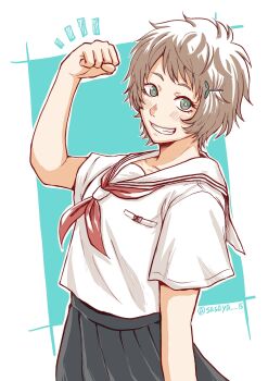 1girl black_skirt blush brown_hair cowboy_shot green_eyes grin hair_ornament hairclip highres hikaru_ga_shinda_natsu neckerchief notice_lines red_neckerchief sailor_collar sasaya school_uniform serafuku short_eyebrows short_hair skirt smile solo yamagishi_asako