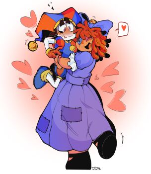 2girls artist_name artist_request asymmetrical_footwear asymmetrical_gloves black_footwear blush button_eyes buttons closed_mouth dress full-face_blush gloves hat hat_bell heart highres hug jester jester_cap jester_costume lifting_person mismatched_eyes mismatched_gloves multicolored_eyes multicolored_hat multiple_girls nervous open_mouth patchwork_clothes pink_background pomni_(the_amazing_digital_circus) purple_dress ragatha_(the_amazing_digital_circus) simple_background smile spoken_heart stitches striped_clothes striped_headwear stuffed_toy sweat the_amazing_digital_circus triangle_nose two-tone_background two-tone_eyes vertical-striped_bodysuit vertical-striped_clothes vertical-striped_headwear white_background yuri