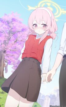 1boy 2girls alternate_costume anotherdetteiu behind_tree black_pants blue_archive blue_sky blurry blurry_background blush brown_skirt casual cherry_blossoms closed_mouth collared_shirt commentary_request dress_shirt feather_hair hairband halo hanae_(blue_archive) highres multiple_girls outdoors pants peeking pencil_skirt pink_eyes pink_hair purple_hair red_sweater_vest sensei_(blue_archive) serina_(blue_archive) shirt skirt sky sunglasses sweater_vest tree twitter_username white_hairband white_shirt yellow_halo