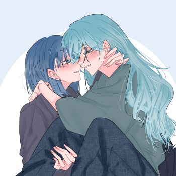 2girls black_pants black_shirt blue_background blue_eyes blue_hair blush commentary grey_shirt hand_on_another&#039;s_neck highres hinomori_shizuku kiritani_haruka long_hair multiple_girls na05070515 pants parted_lips project_sekai shirt smile yuri