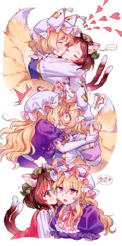 !? ... 3girls :d :p absurdres animal_ears blonde_hair blue_tabard blush breasts brown_hair cat_ears cat_girl cat_tail chen cleavage closed_eyes commentary_request dress elbow_gloves fox_girl fox_tail full-face_blush gloves green_hat hat hat_ribbon heart highres holding_another's_wrist hug kiss kissing_cheek kitsune licking licking_another's_cheek licking_another's_face long_hair long_sleeves masanaga_(tsukasa) mob_cap multiple_girls multiple_tails neck_ribbon open_mouth puffy_short_sleeves puffy_sleeves purple_dress purple_eyes red_ribbon red_vest ribbon shirt short_hair short_sleeves simple_background smile speech_bubble spoken_ellipsis spoken_interrobang sweat tabard tail thought_bubble tongue tongue_out touhou translation_request vest wavy_hair white_background white_gloves white_hat white_shirt wide-eyed yakumo_ran yakumo_yukari yuri