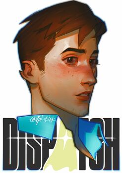 1boy beard_stubble blush brown_eyes brown_hair collared_shirt copyright_name dispatch english_text facial_hair freckles hashtag-only_commentary highres lips male_focus parted_lips portrait qpi_tink robert_robertson shirt short_sideburns solo stubble twitter_username white_background wing_collar