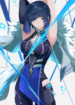 1girl absurdres aqua_eyes bare_shoulders black_thighhighs blue_eyes blue_hair breasts cleavage_cutout clothing_cutout cowboy_shot cutout danboru_(jdanboru1182) diagonal_bangs dice earrings genshin_impact hands_up highres jewelry large_breasts looking_at_viewer pelvic_curtain smile solo thighhighs white_background yelan_(genshin_impact)