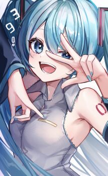 1girl aqua_eyes aqua_hair aqua_necktie aqua_trim bare_shoulders black_sleeves blush breasts collared_shirt commentary_request detached_sleeves grey_shirt hair_between_eyes hair_ornament hatsune_miku headset highres long_hair looking_at_viewer medium_breasts miku_day necktie noneon319 number_tattoo open_mouth portrait shirt simple_background sleeveless sleeveless_shirt solo tattoo teeth twintails upper_body very_long_hair vocaloid white_background